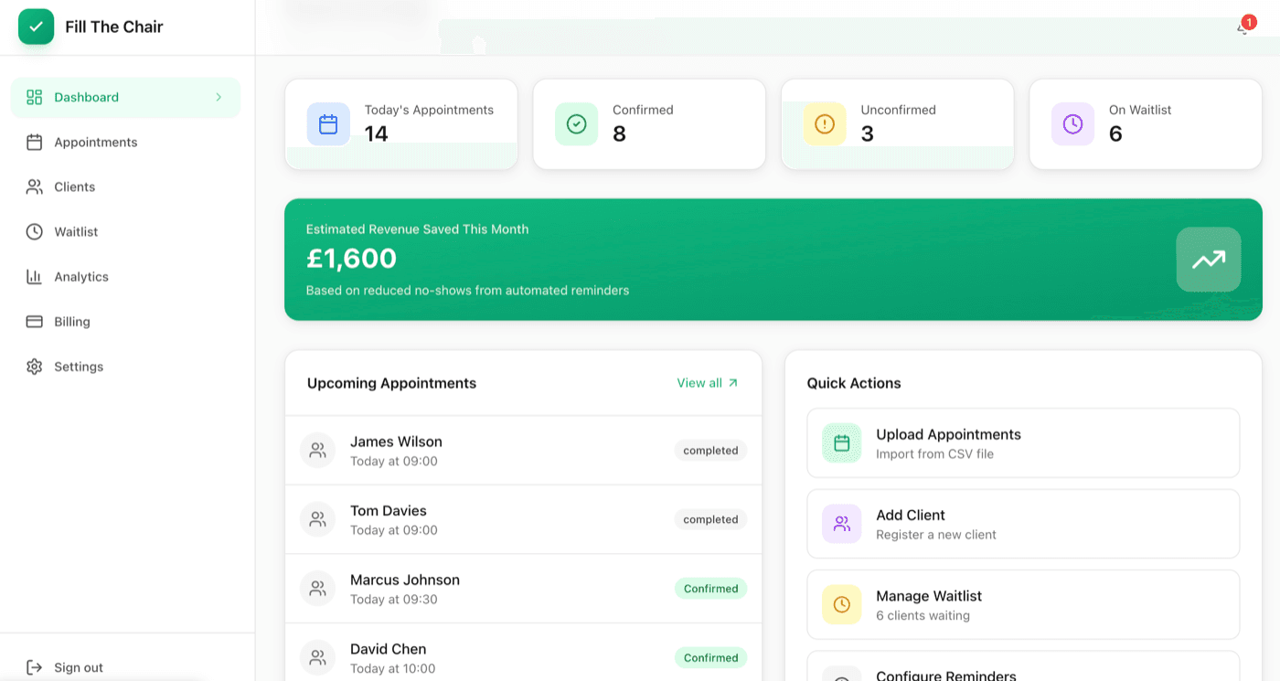Fill The Chair Dashboard